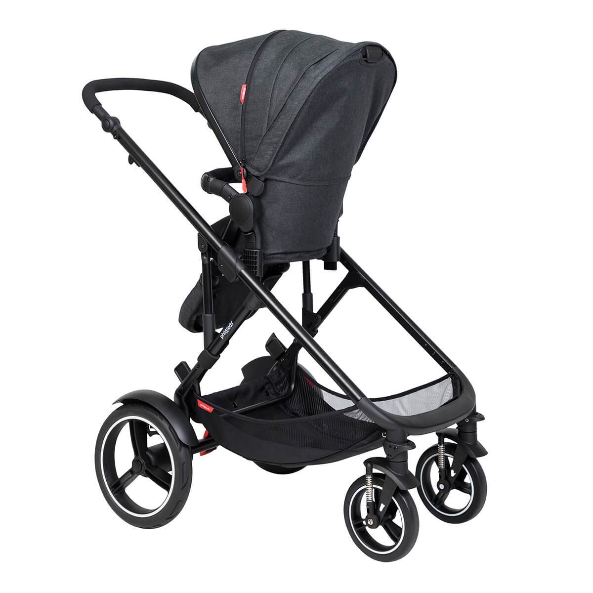 Black stroller with three wheels, part of Phil&Teds Voyager baby strollers with Odyssey wagon wheels