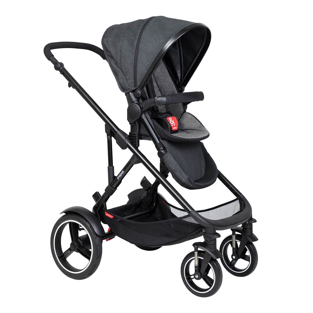 Black stroller with three wheels from Phil&Teds Voyager featuring Odyssey wagon wheels