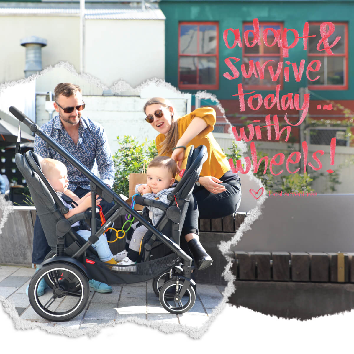 Double stroller with two babies on Phil&Teds Voyager, perfect for baby strollers fans