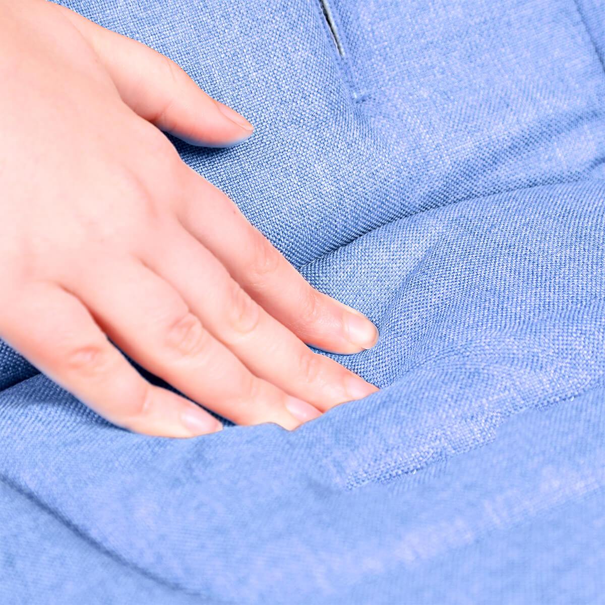 Blue fabric with hand on Phil&Teds Voyager with toshi baby romper and Odyssey Wagon Wheels