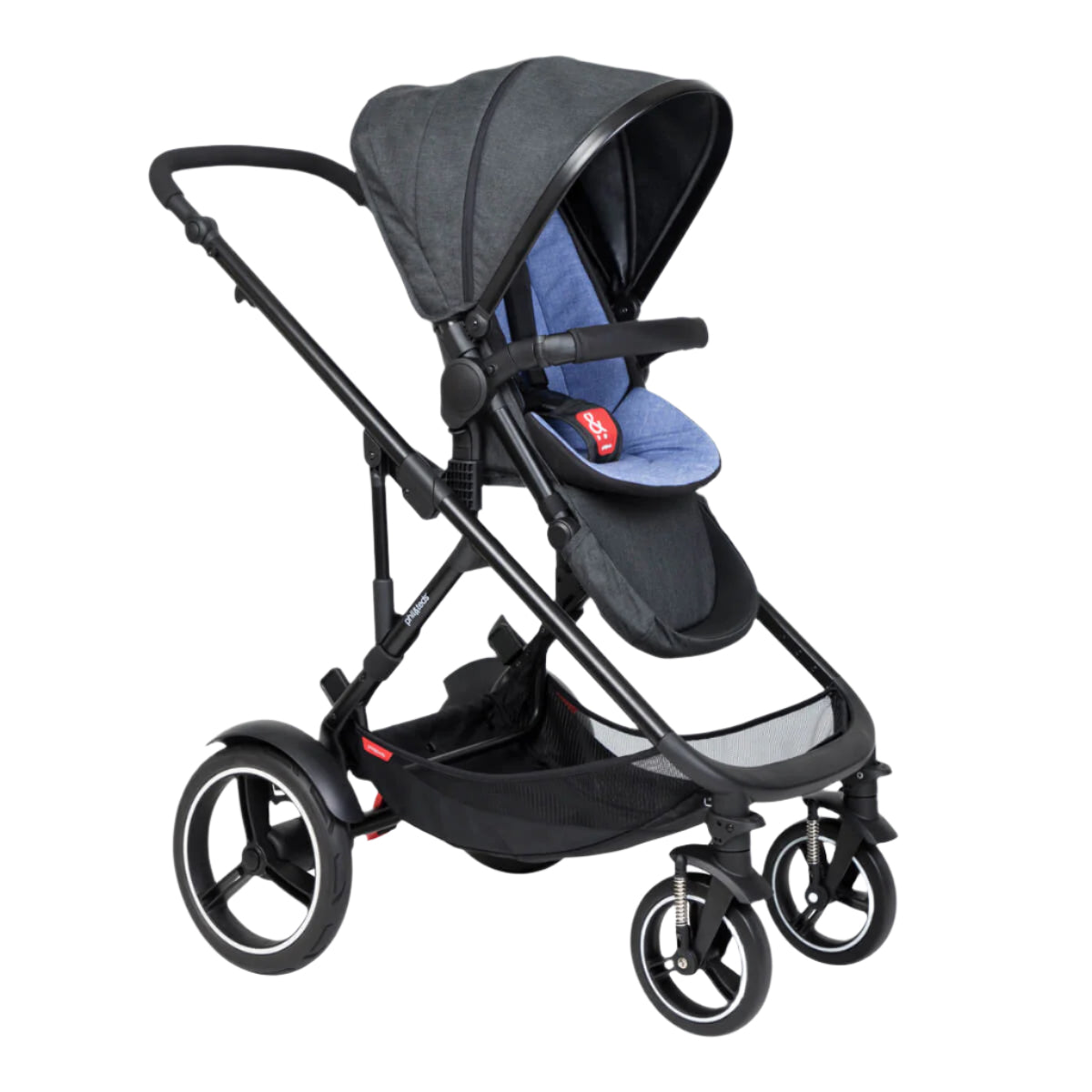 Black three-wheeled baby stroller with Odyssey wagon wheels from Phil&Ts Voyager series