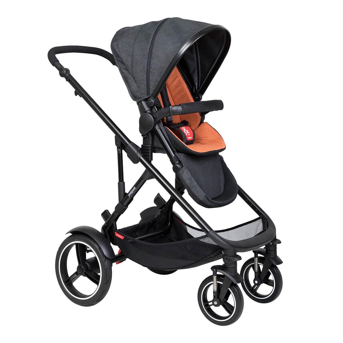 Black and orange baby stroller from Phil&Teds Voyager with Odyssey wagon wheels