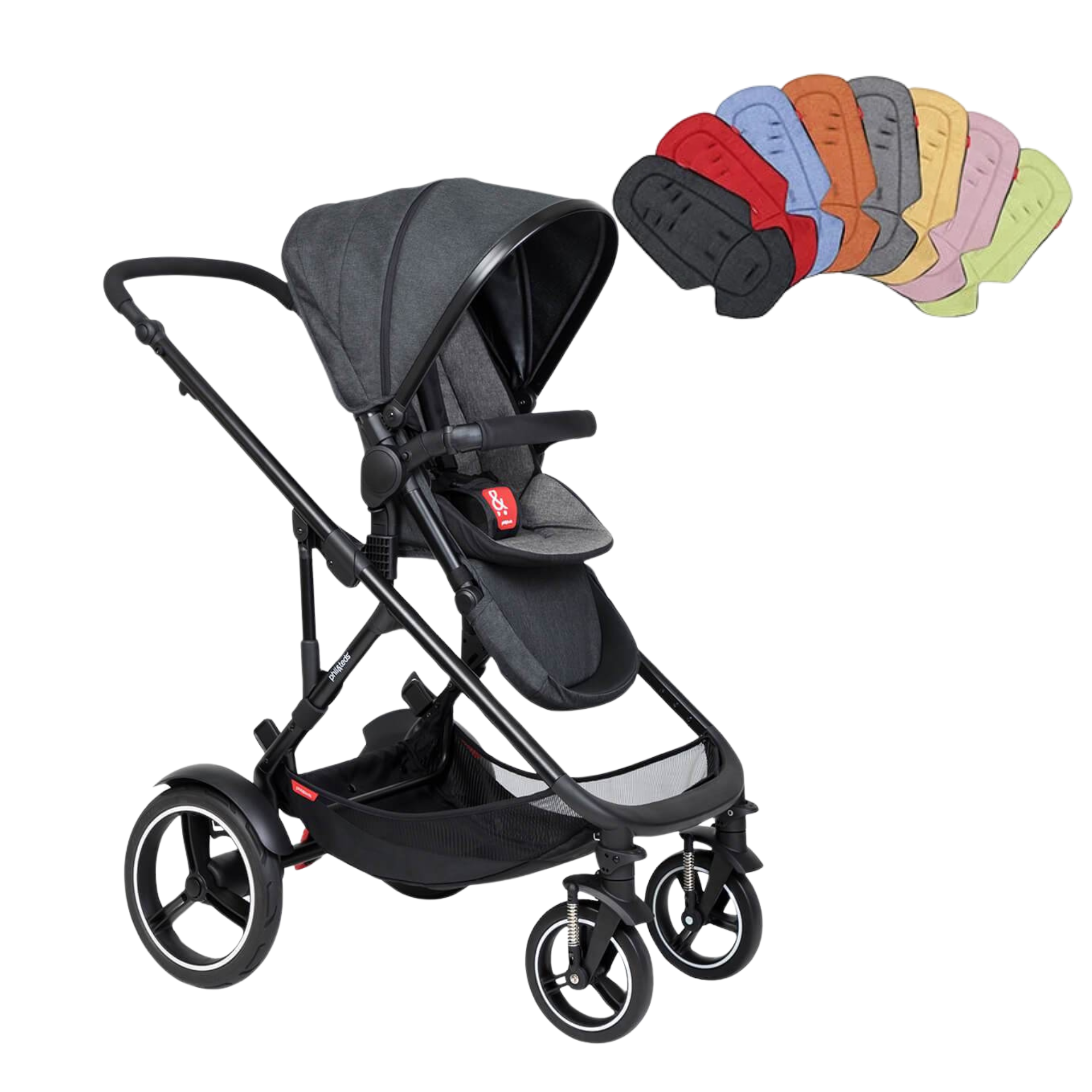 Black stroller with colorful seat pads from Phil&Teds Voyager baby strollers for Toshi Baby Romper