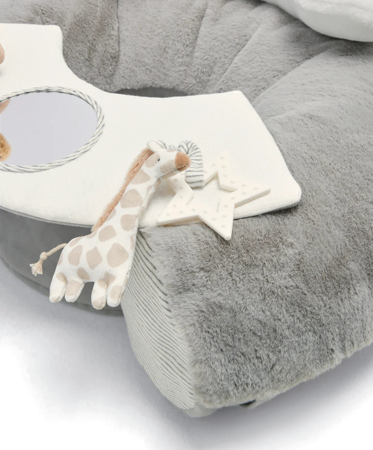 Gray plush baby seat with toys from MaMas & Papas, perfect play baby floor seat