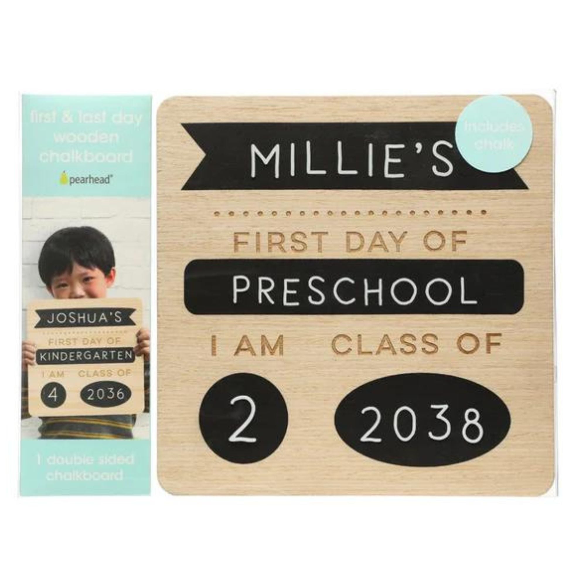 First day of preschool sign on Pearhead First & Last Day Wooden Chalkboard for create photo memories