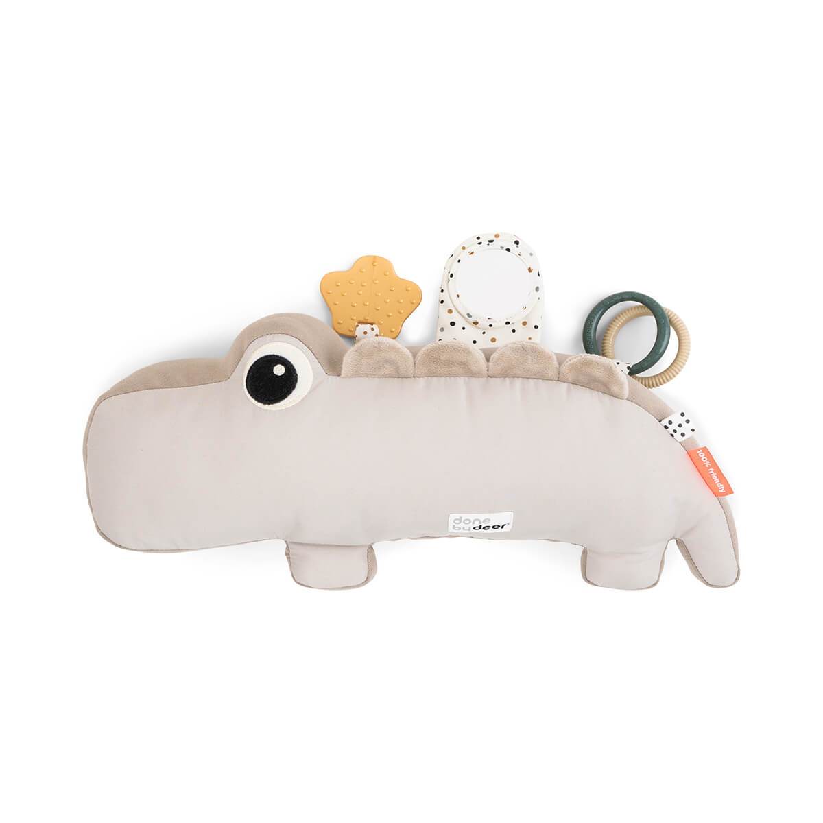 Beige plush Croco Tummy Time Activity Toy with accessories for Toshi Baby and baby strollers
