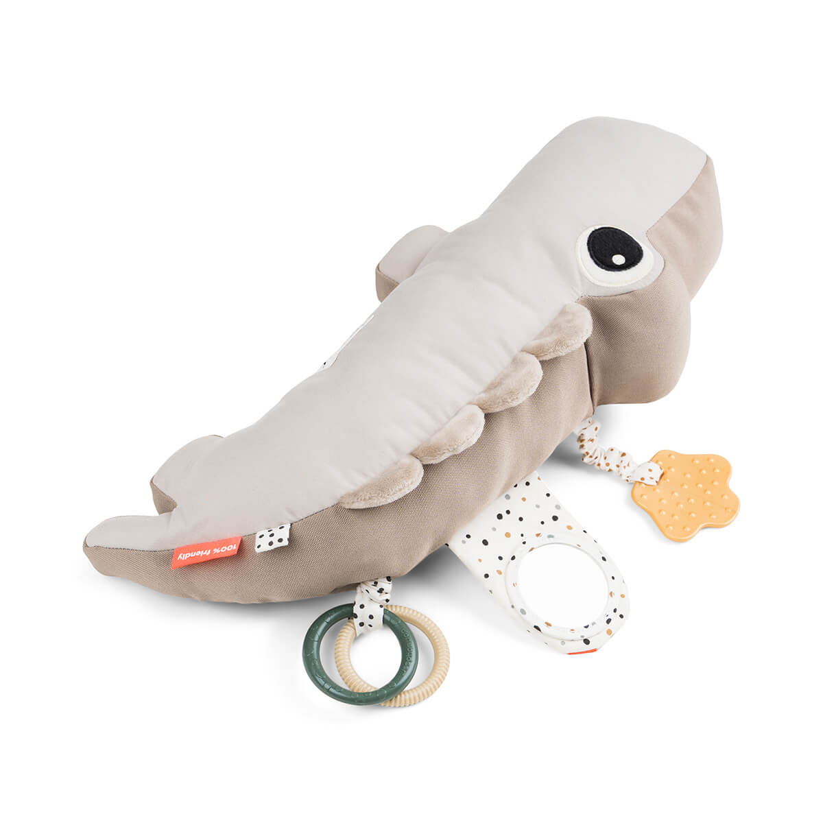 Stuffed gray Croco Tummy toy with rings and teether for Toshi Baby by Done by Deer Croco