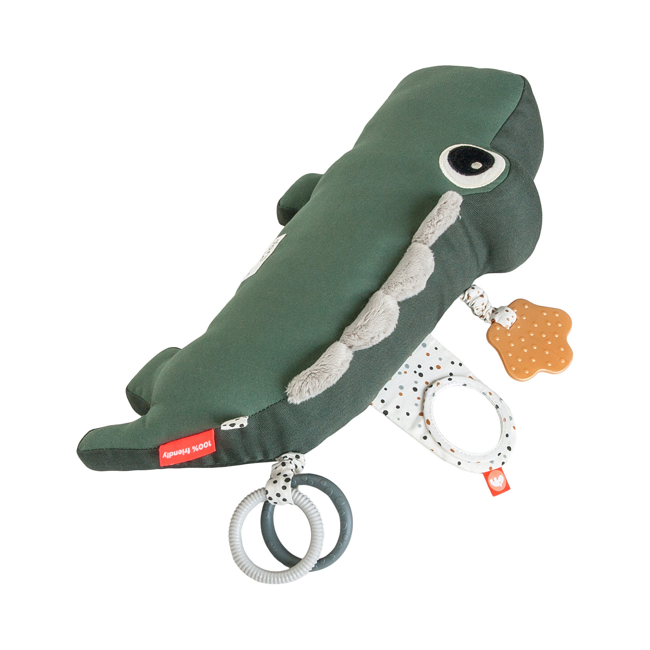 Green plush Croco Tummy Time Activity Toy with rings and tags for Toshi Baby