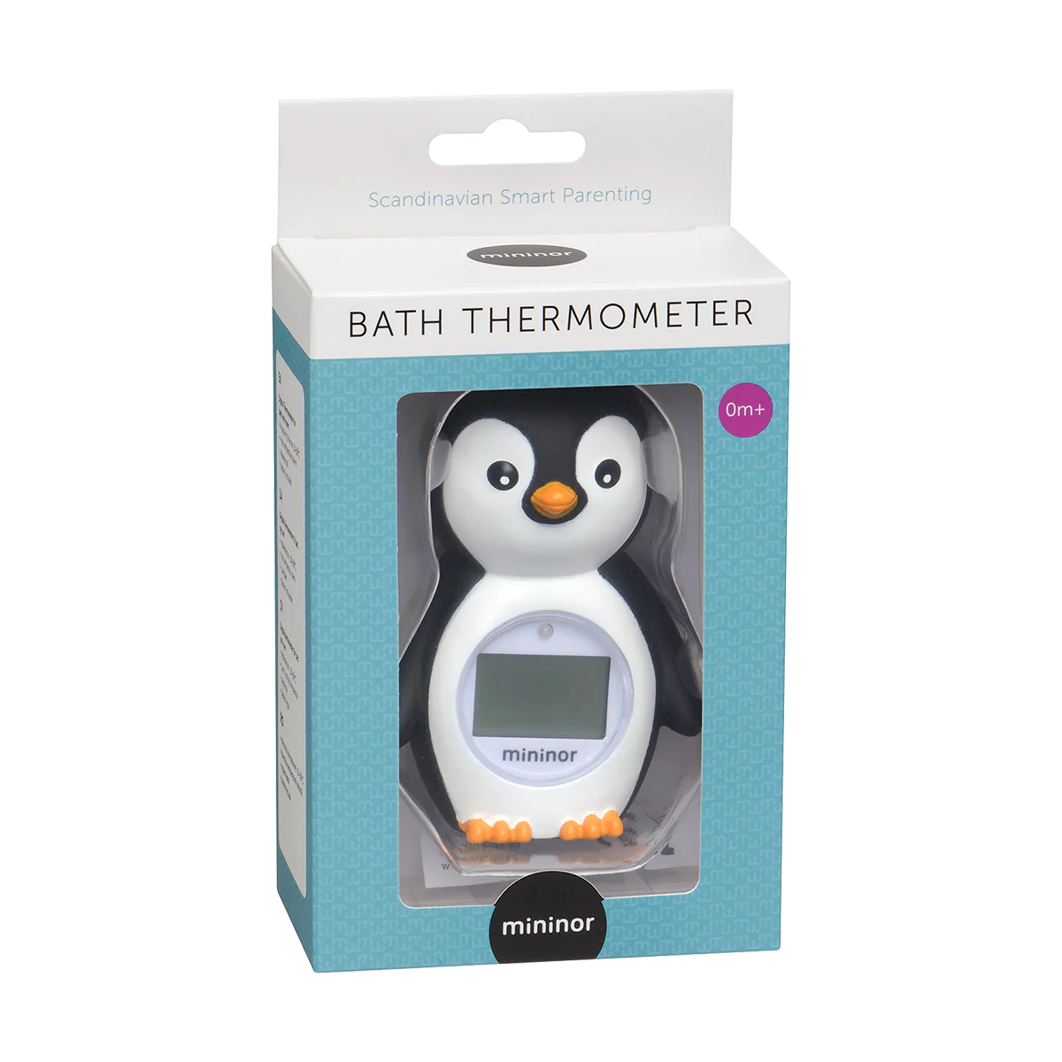 Penguin-shaped Mininor Bath Thermometer in packaging for your baby bath needs