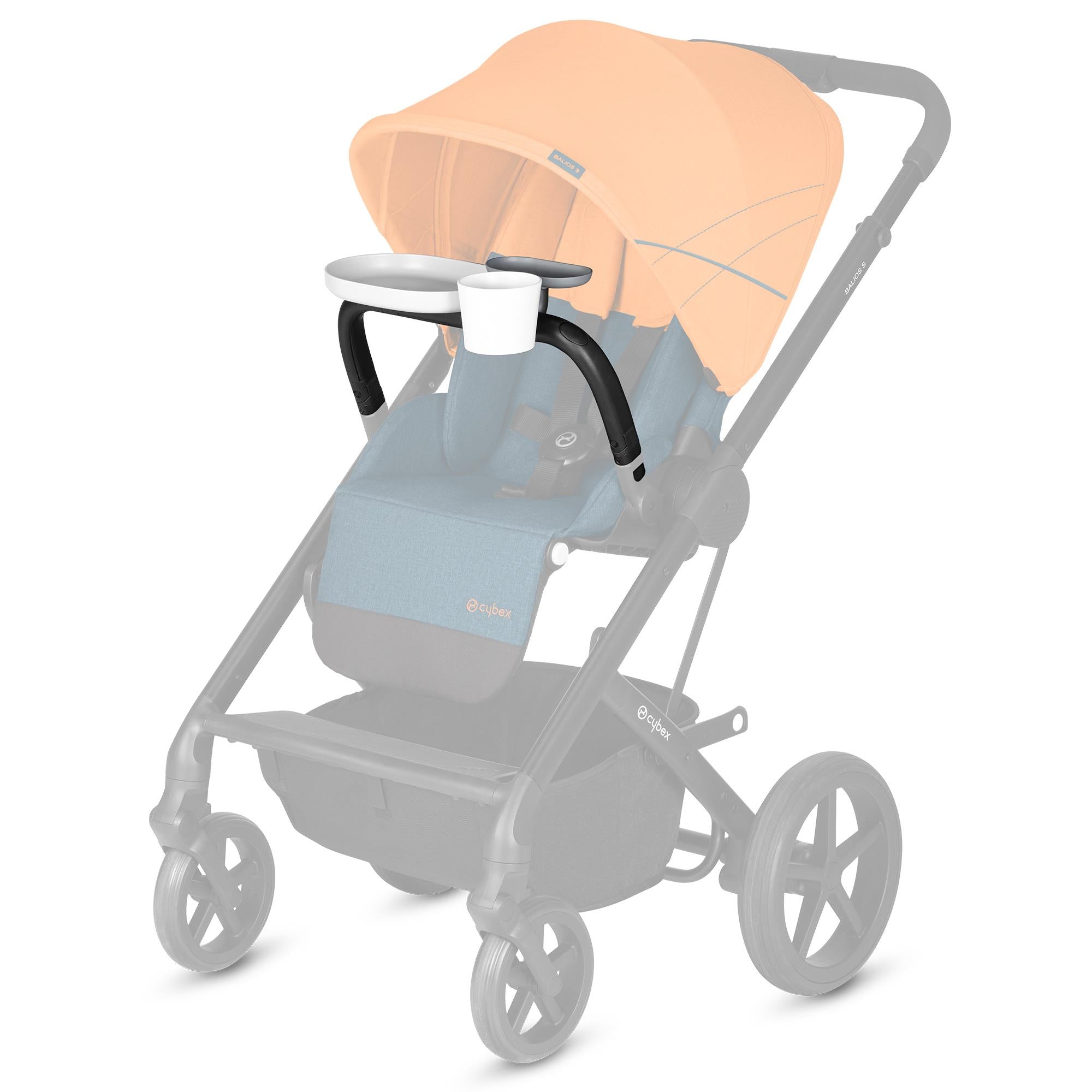 Cybex Gold Snack Tray attached to baby strollers with Toshi Baby Romper in the shot