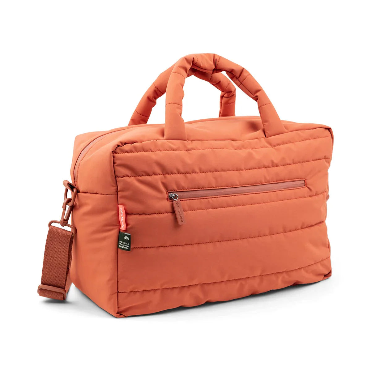 Orange deer quilted changing bag with exterior zip closure and interior insulated pocket