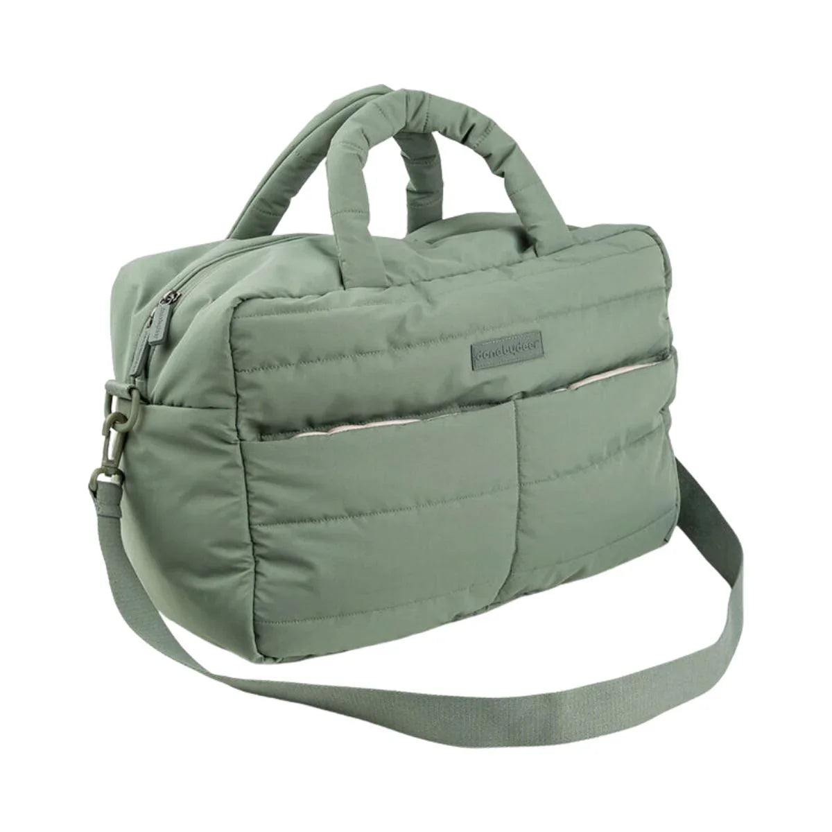 Green quilted duffel bag with exterior zip closure and interior insulated pocket for Deer quilted changing needs