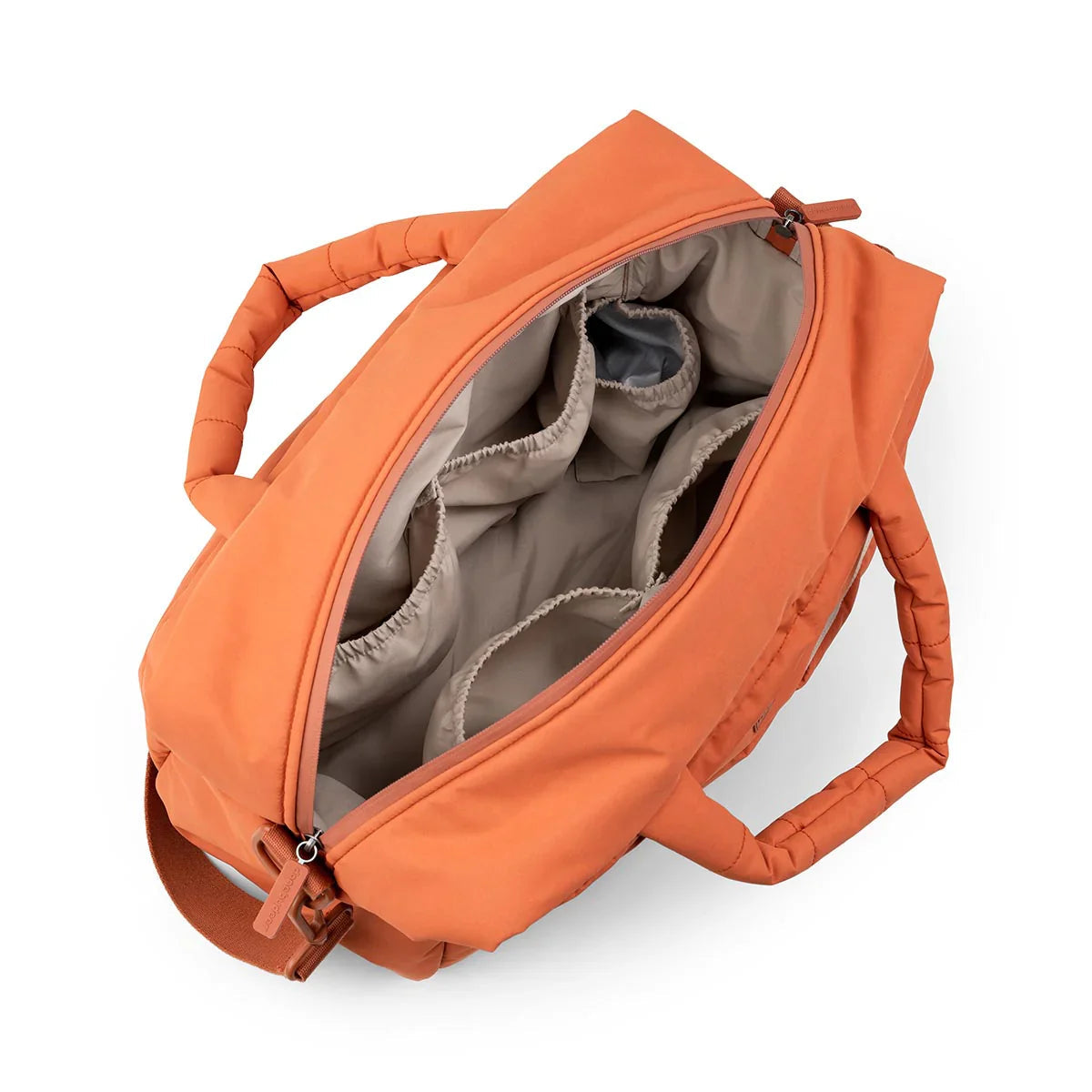 Open orange deer quilted changing bag with interior pockets and exterior zip closure for baby strollers