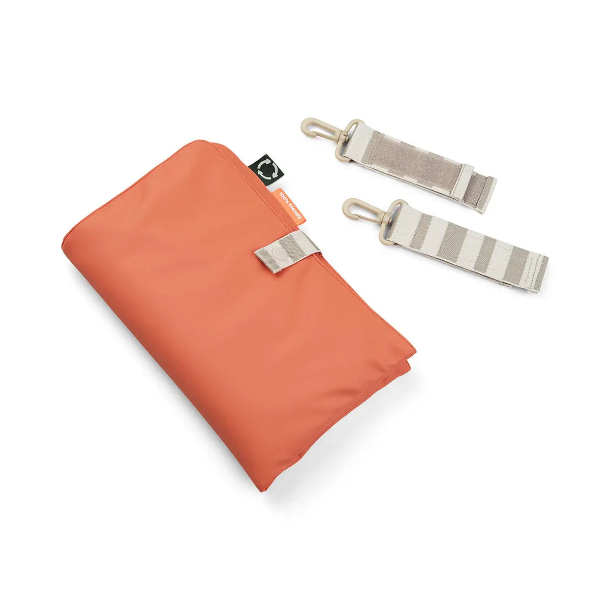 Folded orange deer quilted changing bag with striped straps and exterior zip closure