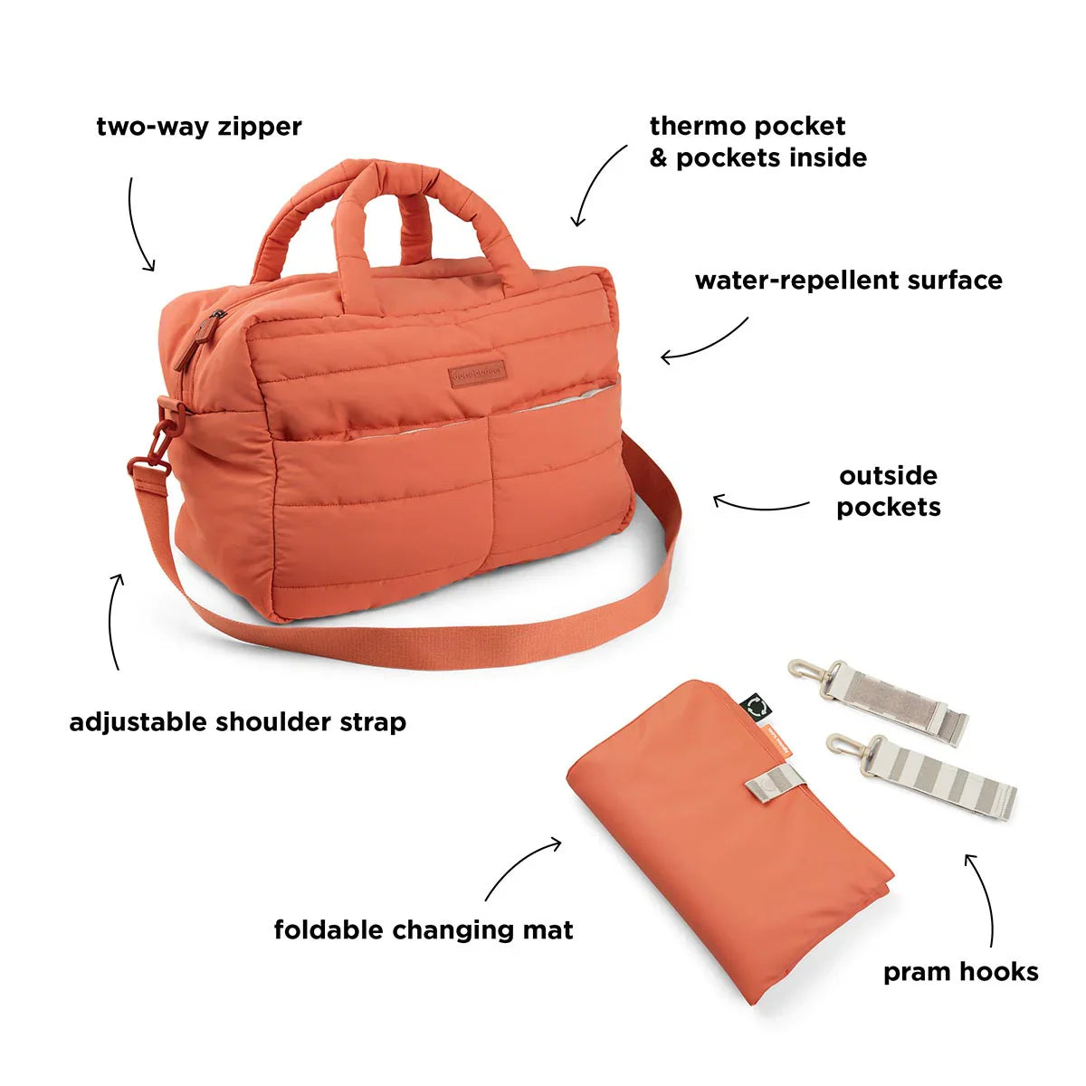Orange deer quilted changing bag with exterior zip closure and interior insulated pocket