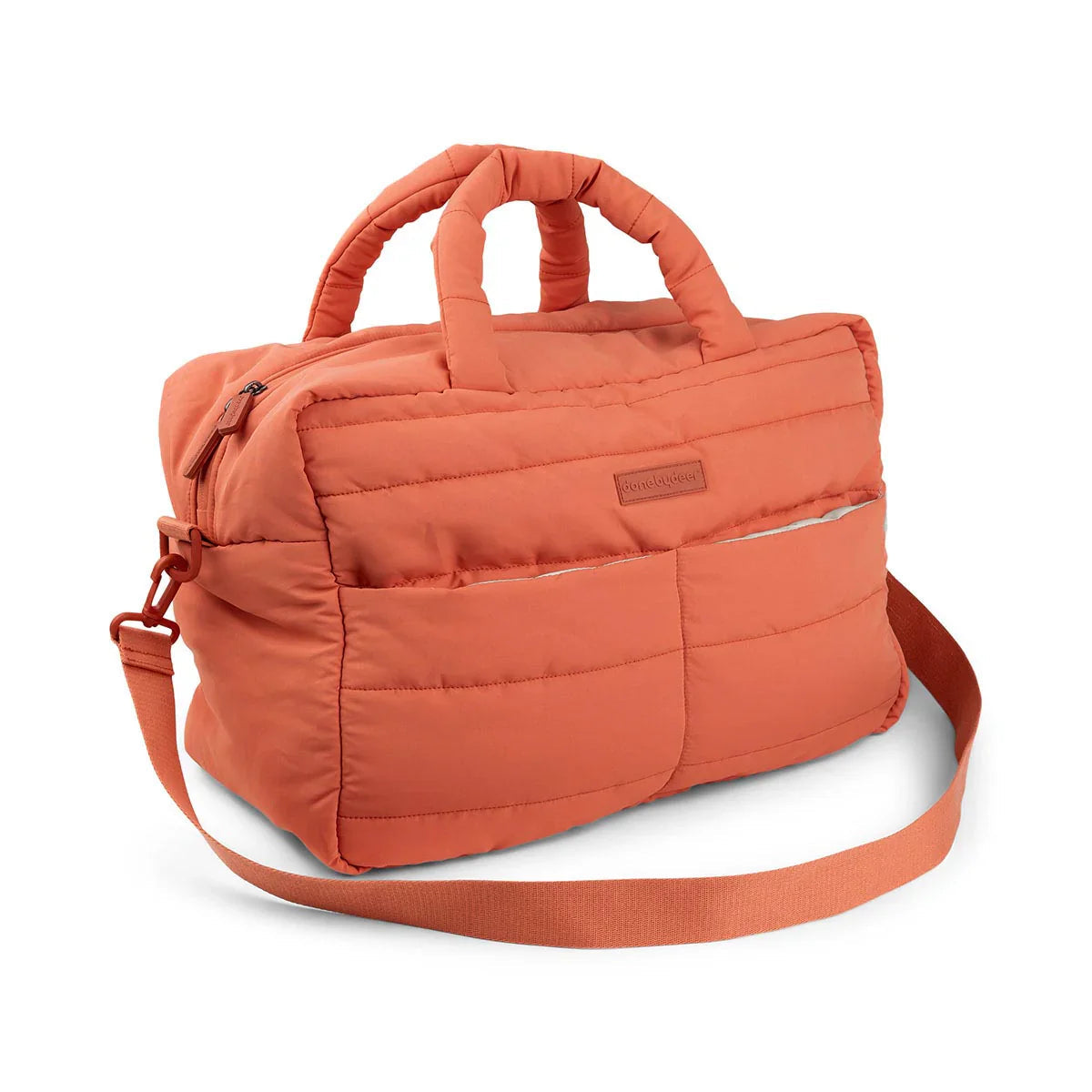 Orange deer quilted changing bag with exterior zip closure for baby strollers
