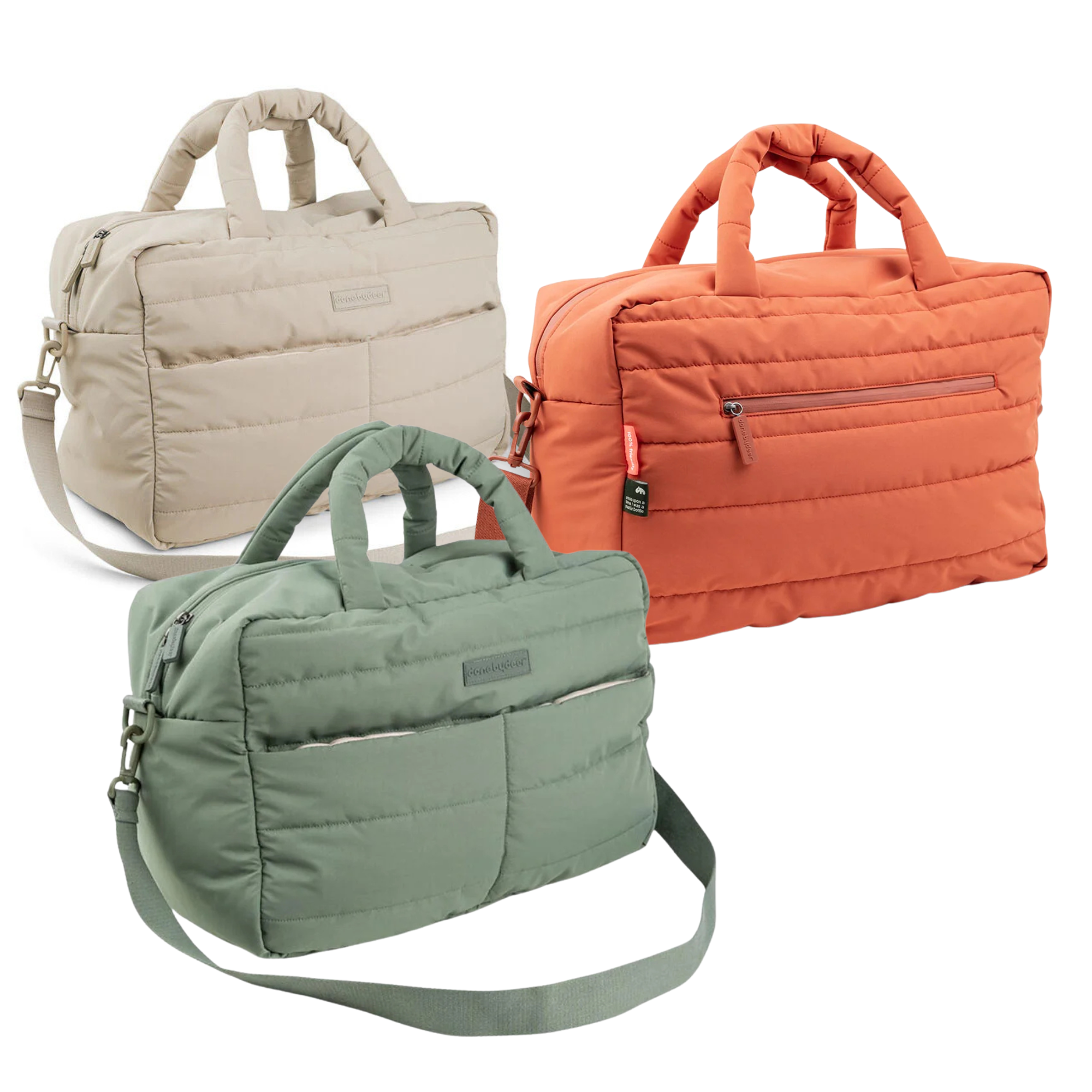 Three deer quilted changing tote bags with exterior zip closure and interior insulated pocket
