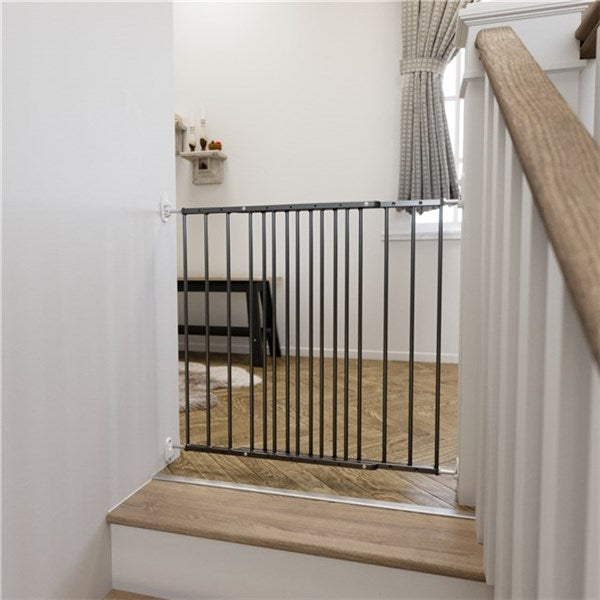 Black metal safety gate from Dogspace Lucky extending pet gate featuring durable design
