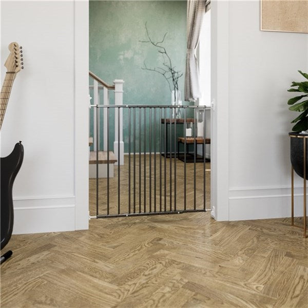 Metal baby gate from Dogspace Lucky extending pet gate Black for safe baby and pet use