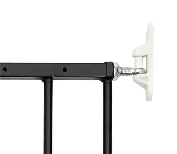 Black metal bed frame with white headboard for Dogspace Lucky pet gate, no toshi baby romper