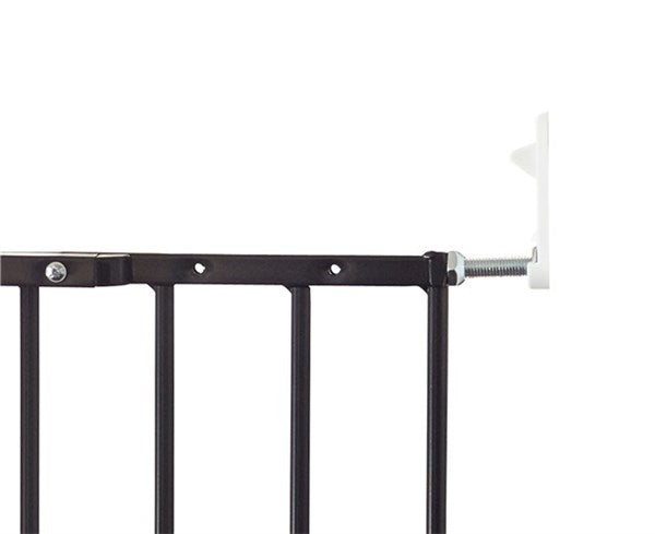 Black metal baby gate with white wall mount for pet safety, fits Odyssey Wagon Wheels strollers