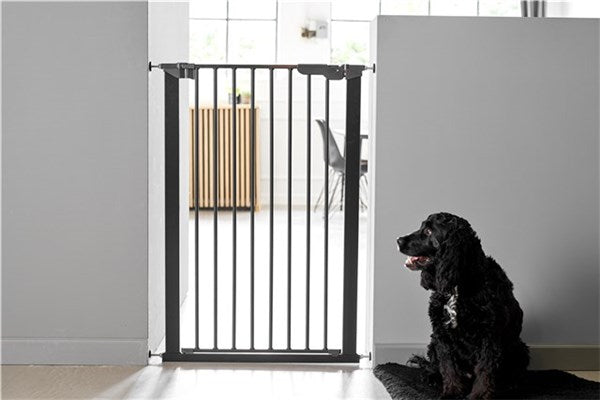 Black metal pet gate for extra tall pets, perfect for Toshi Baby or big dogs