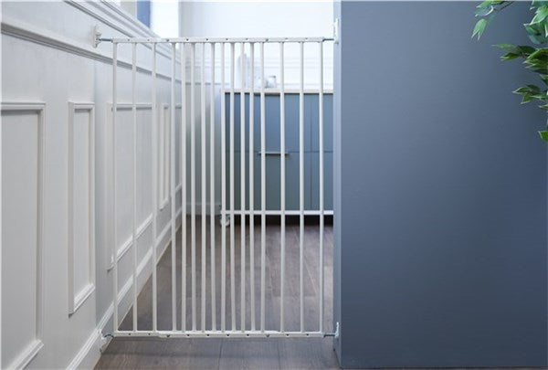 White metal safety gate from DogSpace CHARLIE extra tall extending pet gate collection
