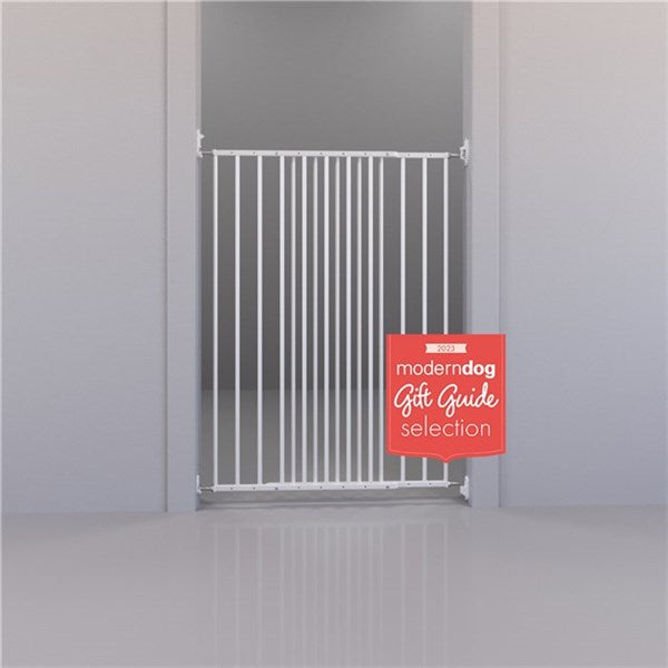 White metal pet gate from DogSpace CHARLIE, perfect for baby strollers and more