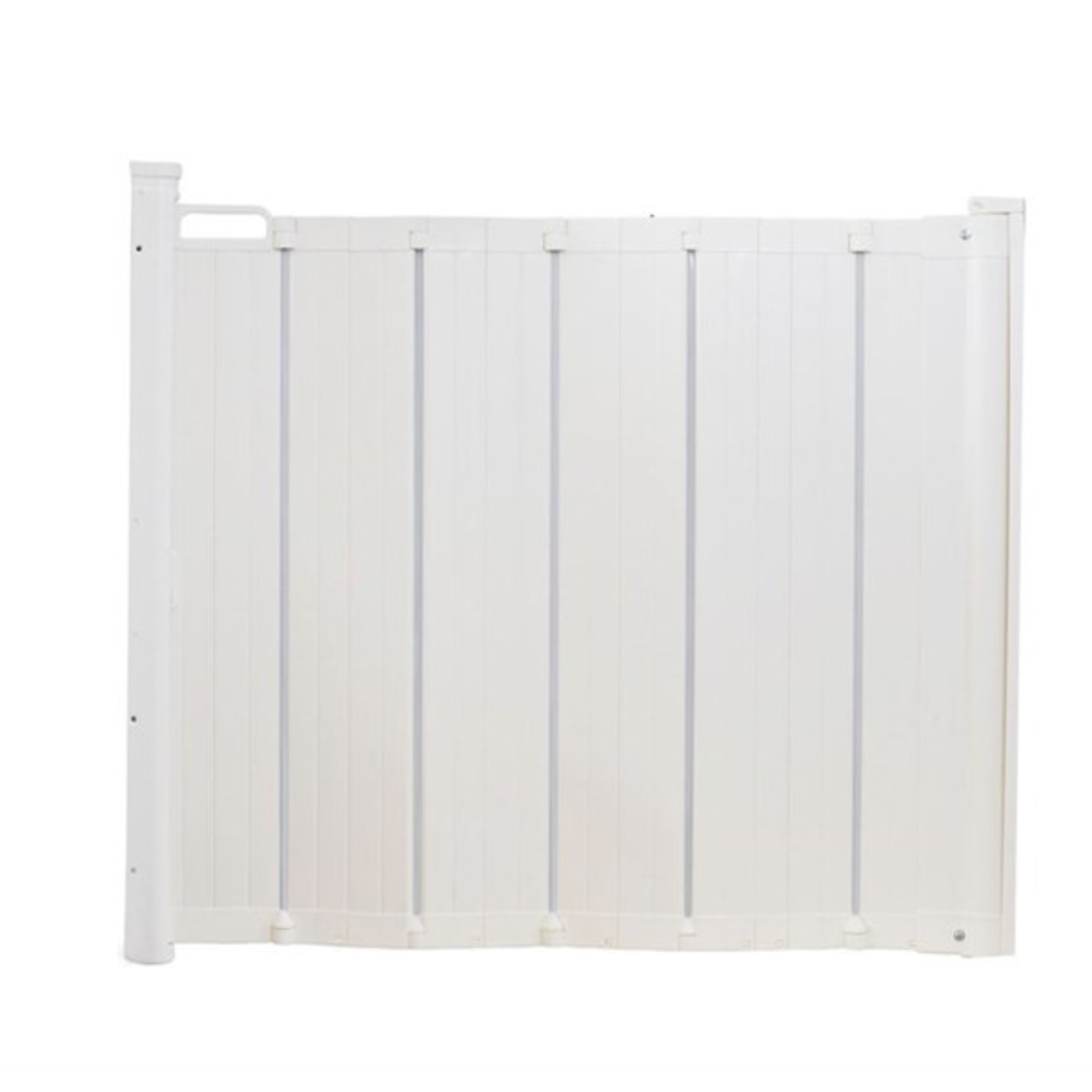 White safety gate from DogSpace Marley retractable guard perfect for dog gate door frame