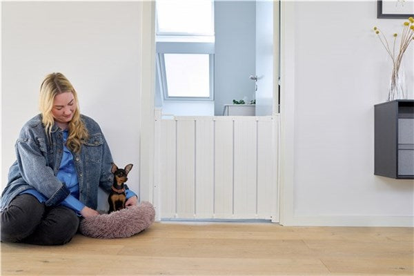 White DogSpace Marley retractable guard gate perfect for baby strollers and pets