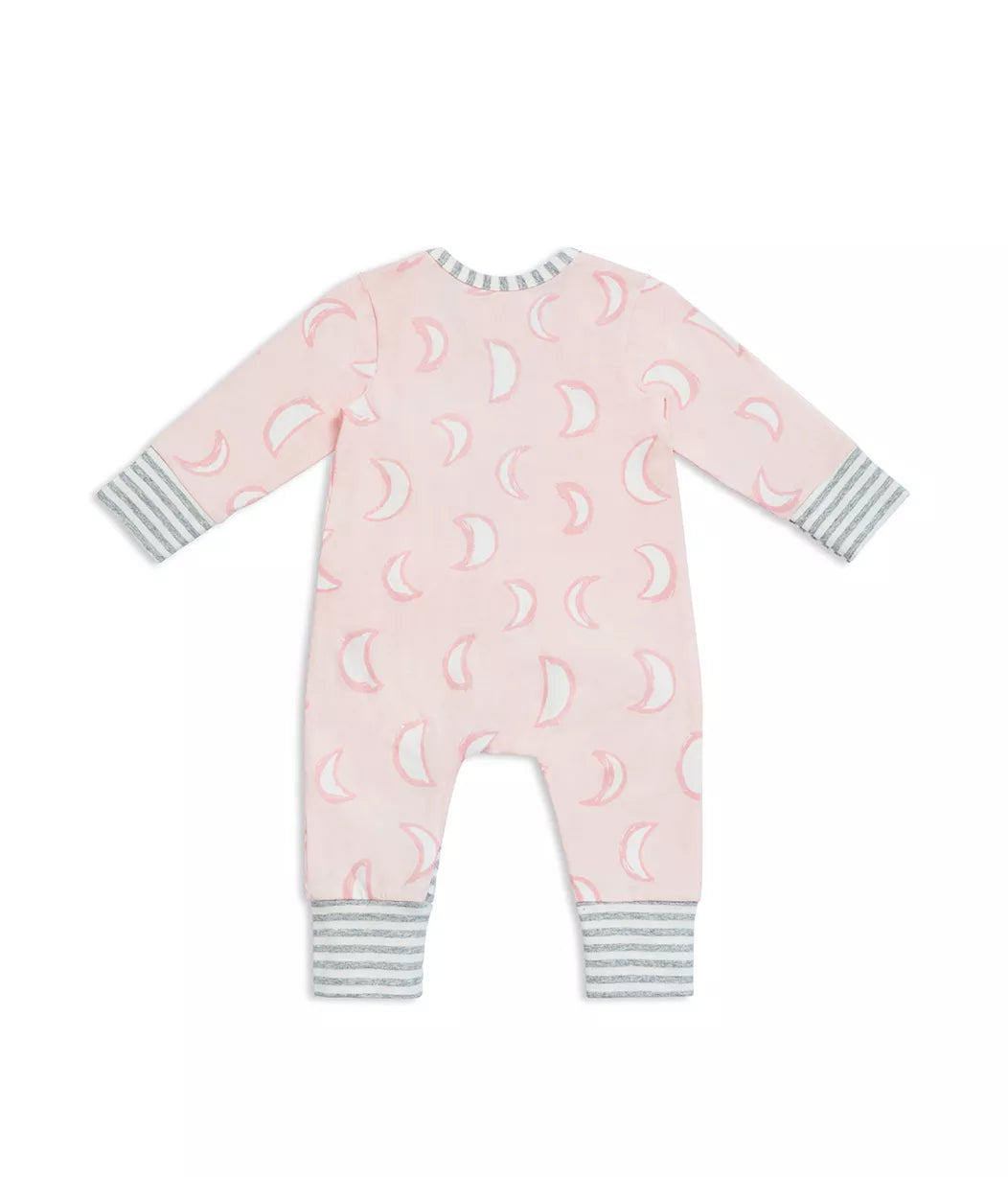 Pink baby onesie with moon pattern from Love To Dream Enclosed Foot Romper Dusy Pink