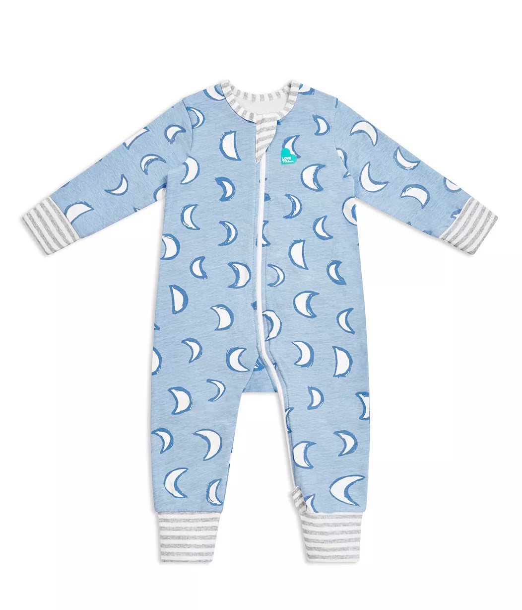 Blue Love To Dream Enclosed Foot Romper with moon pattern perfect for comfy sleep