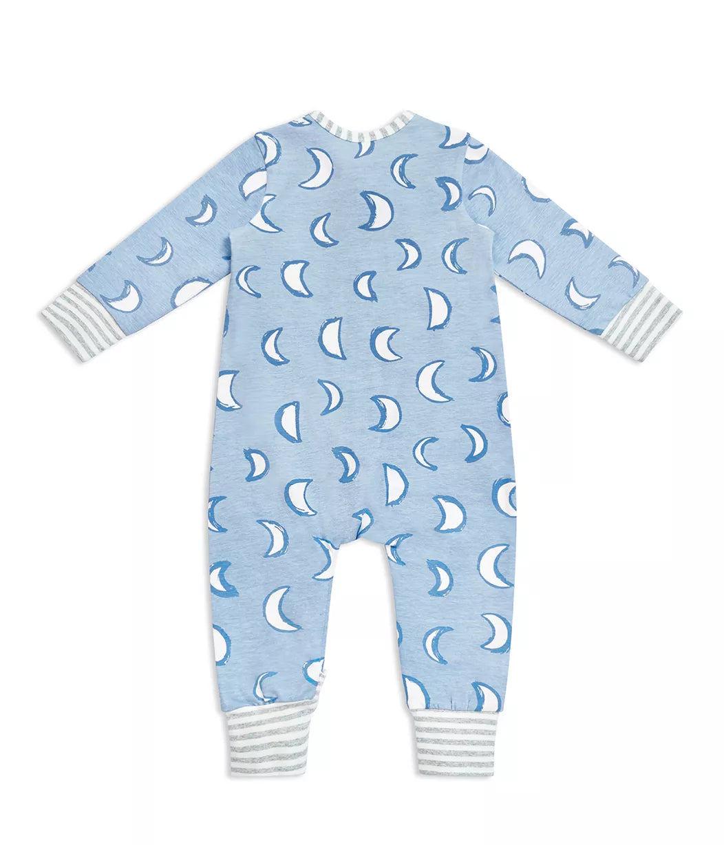 Blue baby onesie with moon pattern from Love To Dream Enclosed Foot Romper Light Blue Eclipse