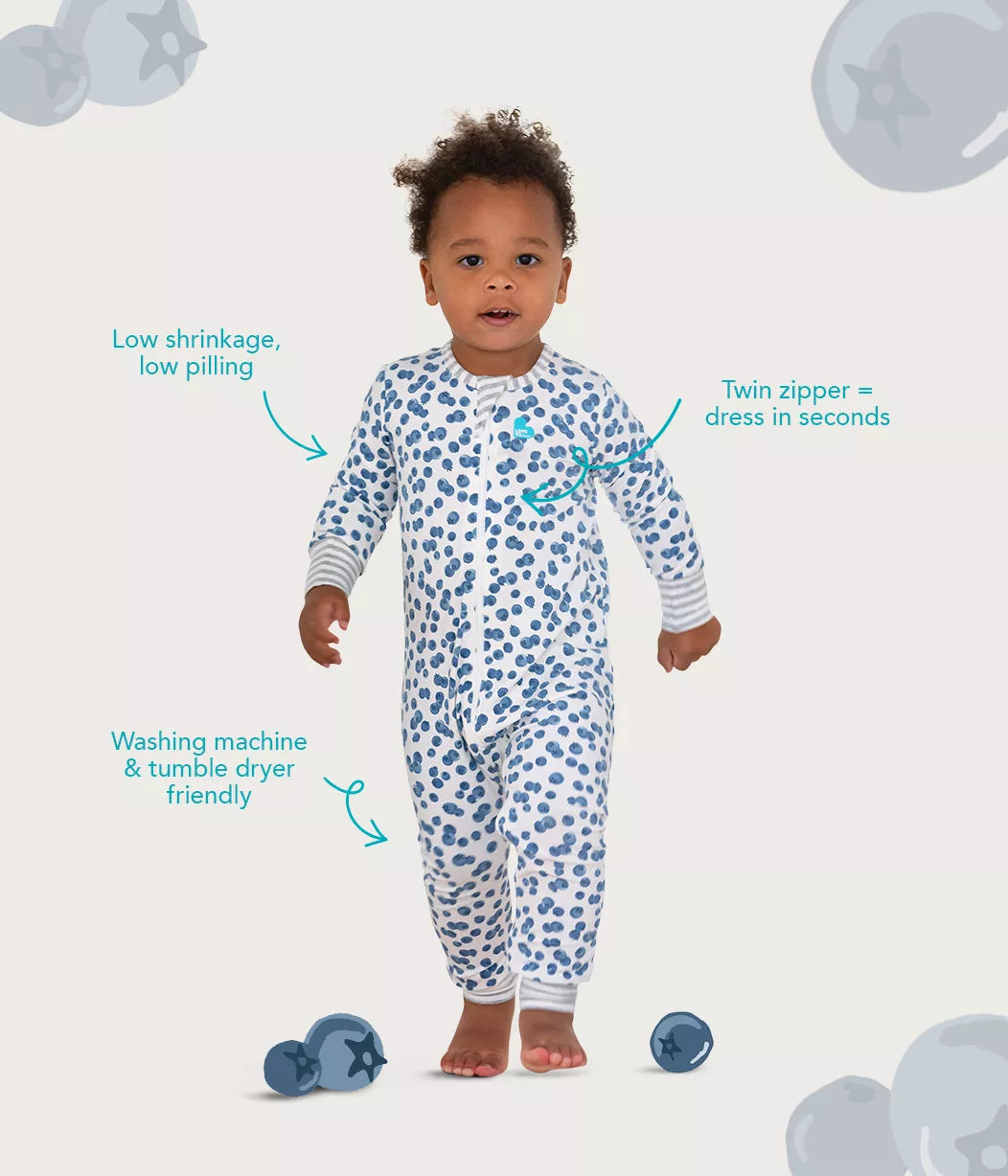 Baby’s dream enclosed foot romper in light blue with blueberry pattern, perfect for baby strollers