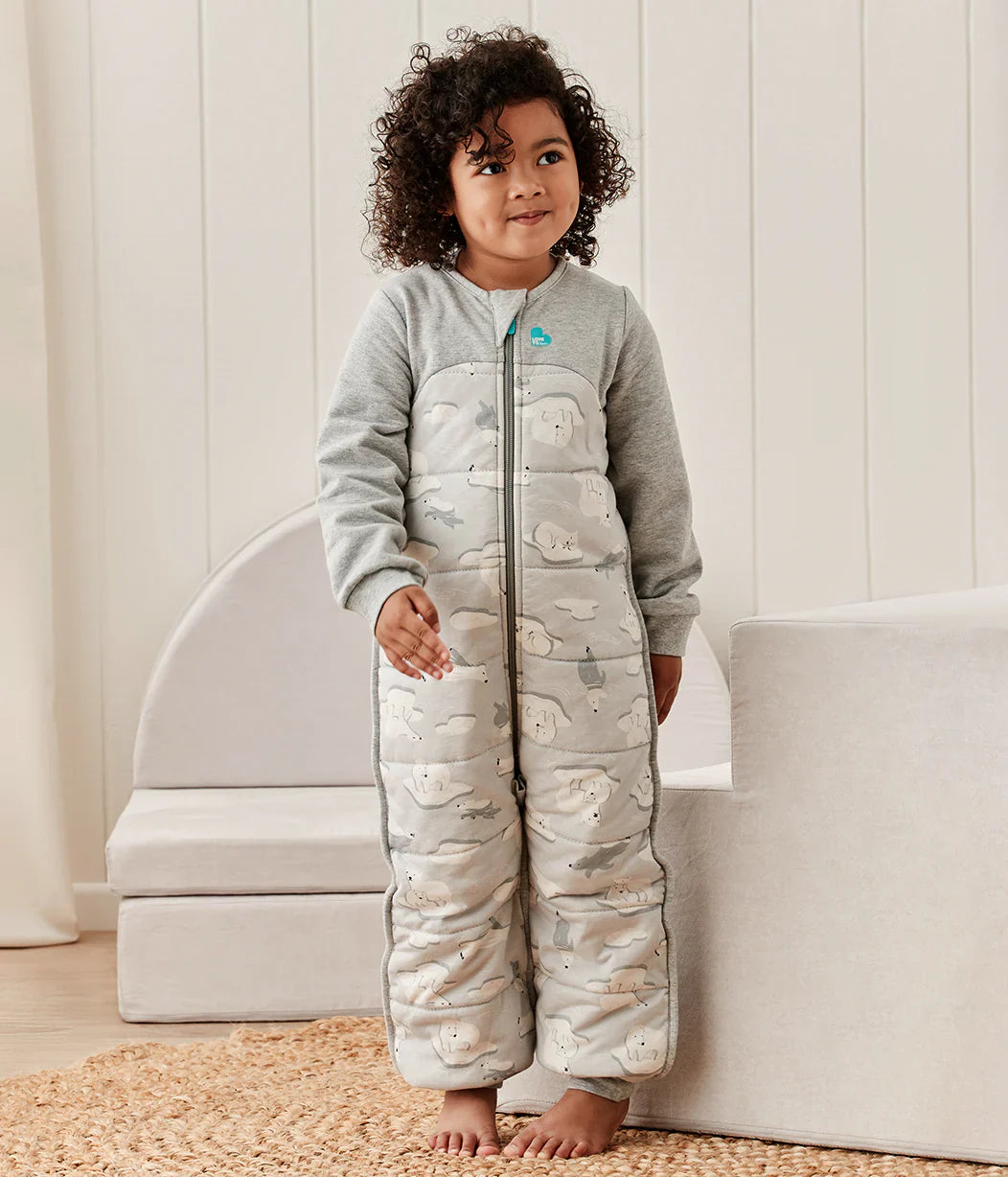Child’s gray cloud-patterned dream sleep suit from Love To Dream, perfect for Toshi baby and baby strollers