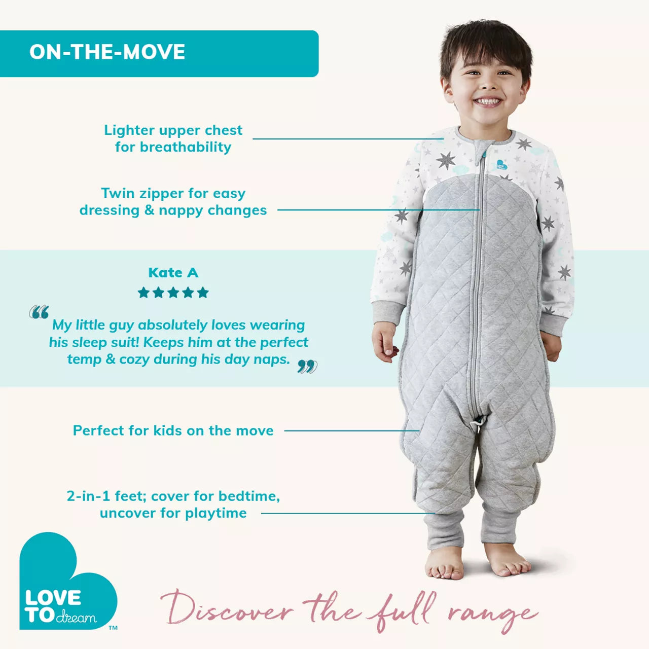Child’s gray quilted toshi baby sleep suit in Love To Dream Sleep Suit Tog Dreamer White