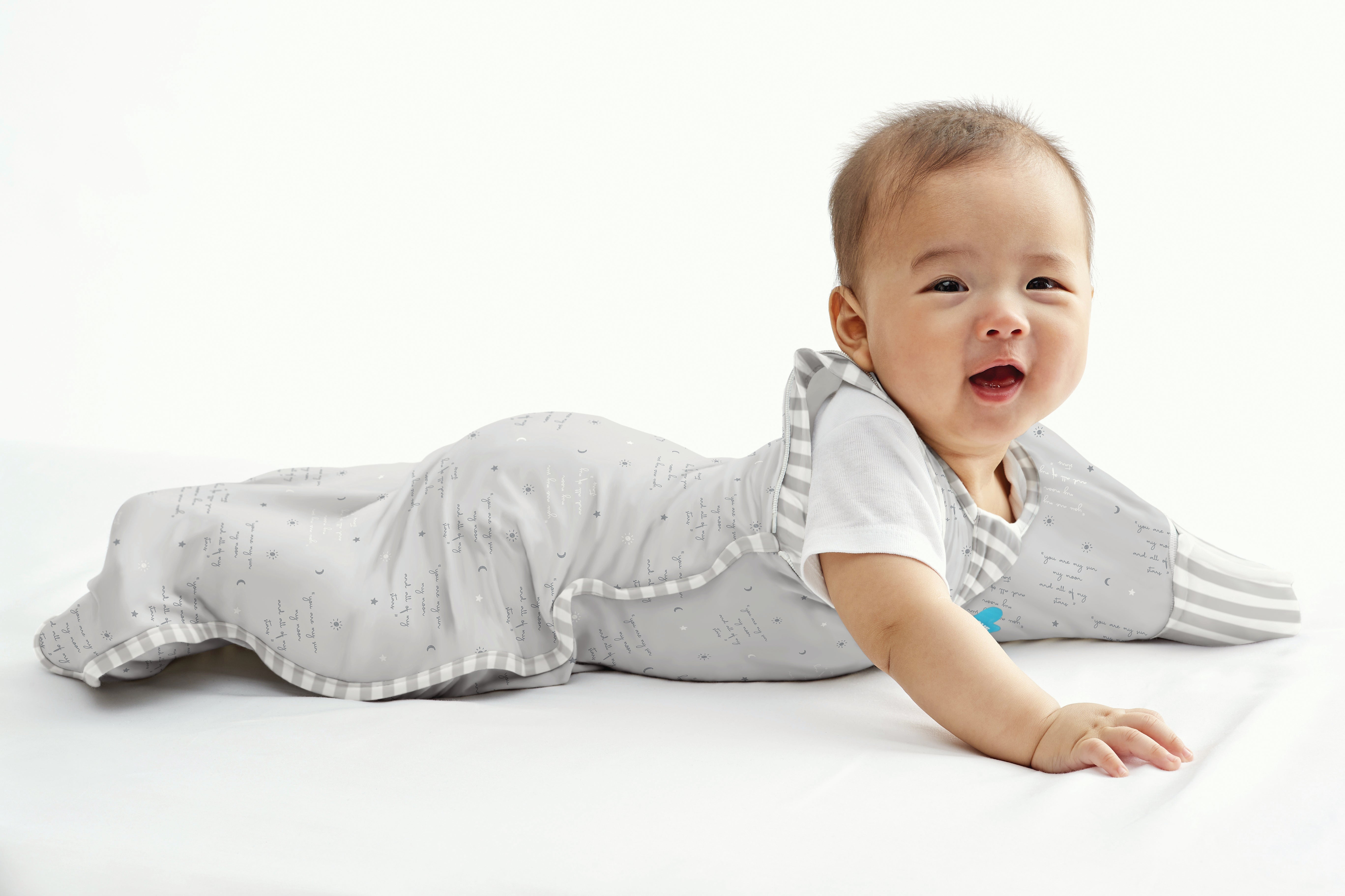 Happy baby in Grey Love To Dream Swaddle Up Transition Bag Lite 0.2 TOG