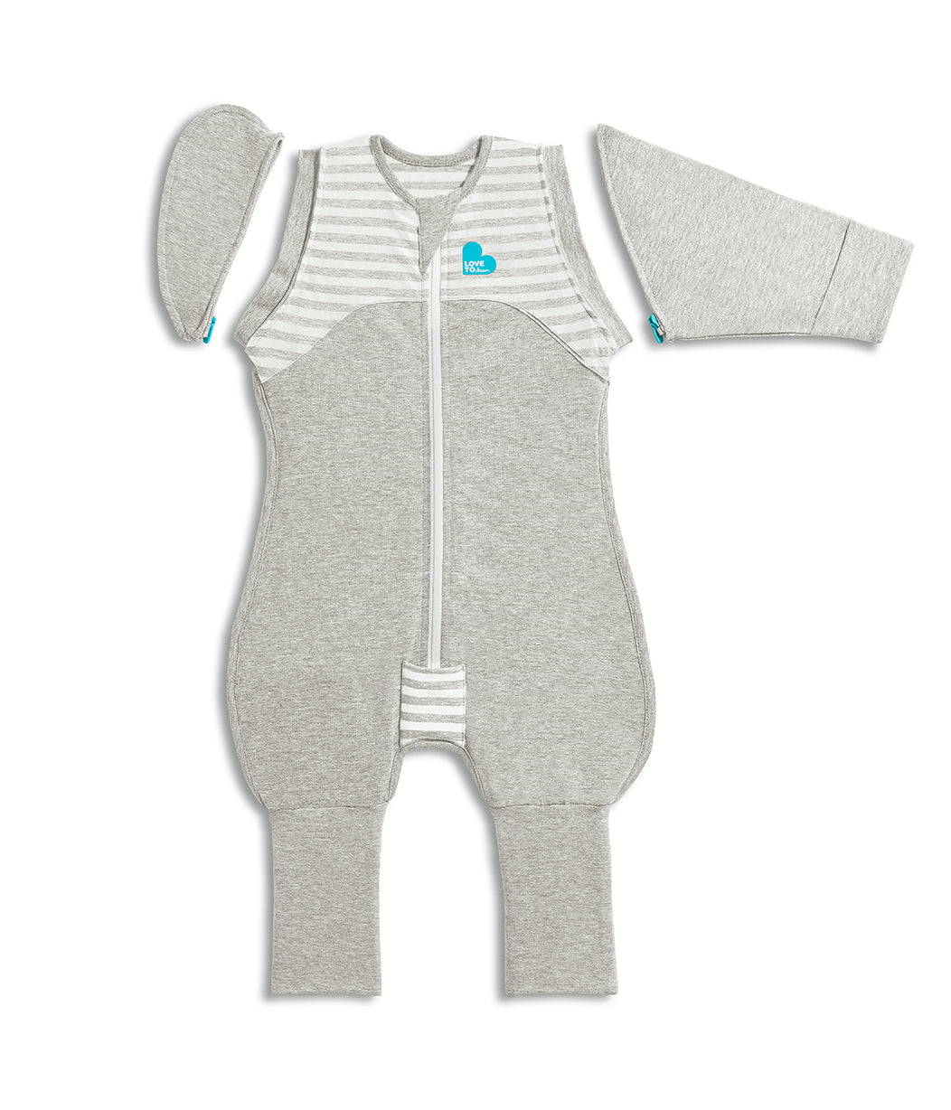 Gray and white striped Love To Dream Swaddle Transition Suit Original 1.0 Tog for toshi baby
