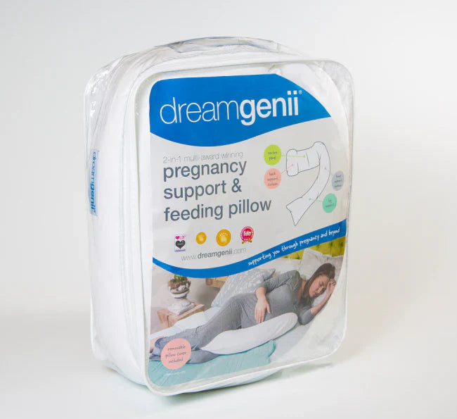 Packaged Dreamgenii Pregnancy Support and Feeding Pillow with baby strollers in background