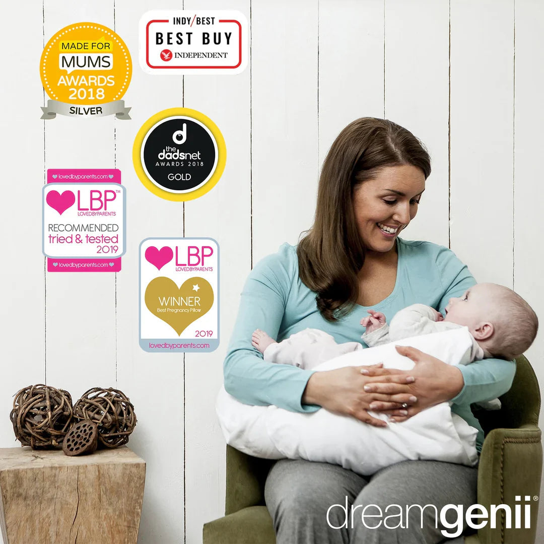 Mother with baby using Dreamgenii Pregnancy Support & Feeding Pillow for comfort