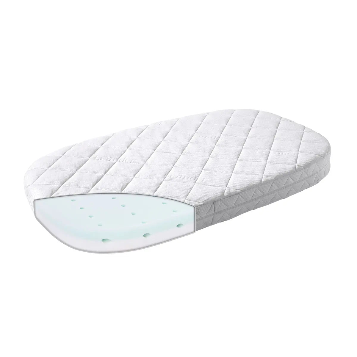 White quilted Leander Cot Mattress Comfort with cutaway view, perfect for Toshi Baby and Bare Mum postpartum care