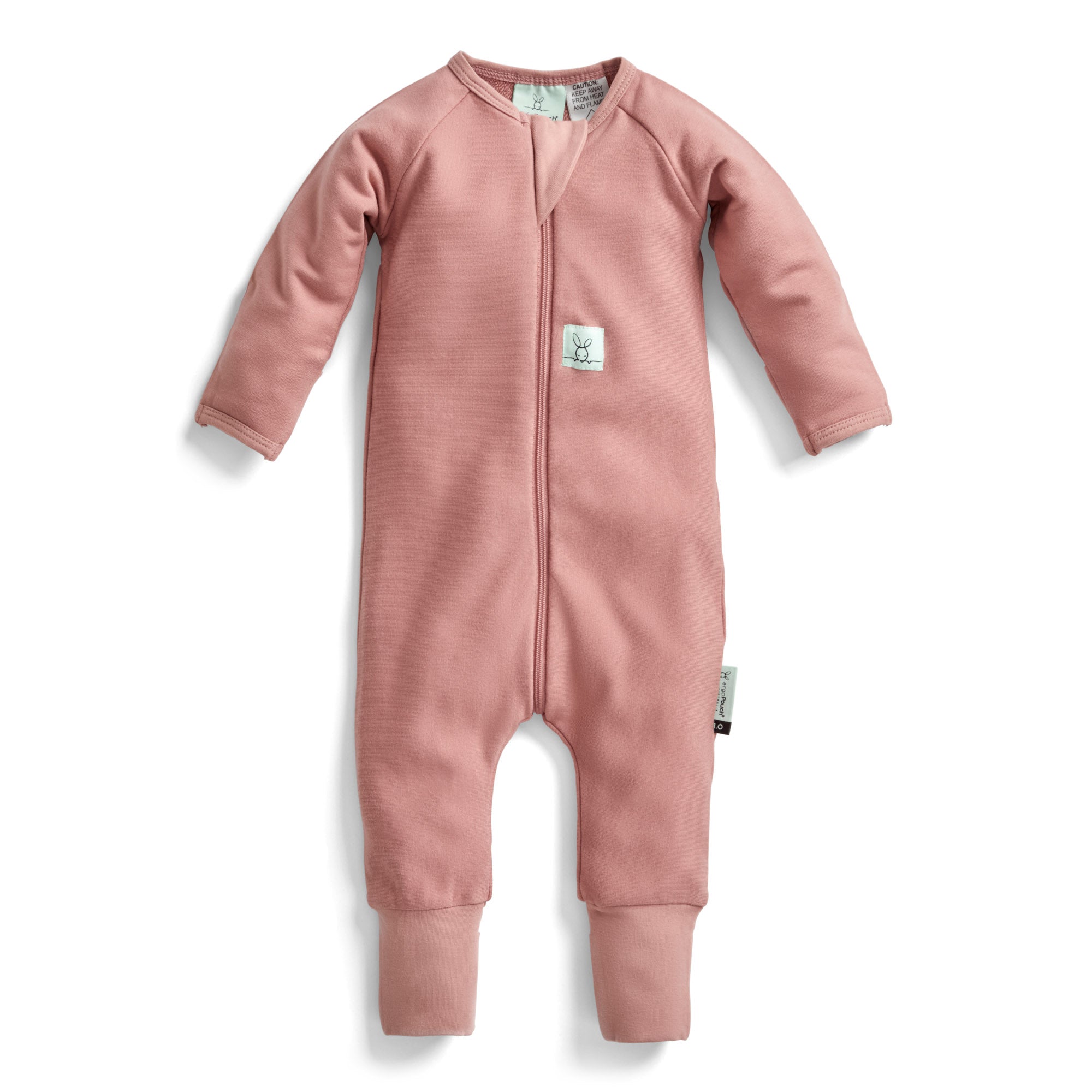 Pink baby onesie with zipper from Ergopouch Long Sleeve Layer 1.0 TOG Rose made of GOTS certified organic jersey cotton