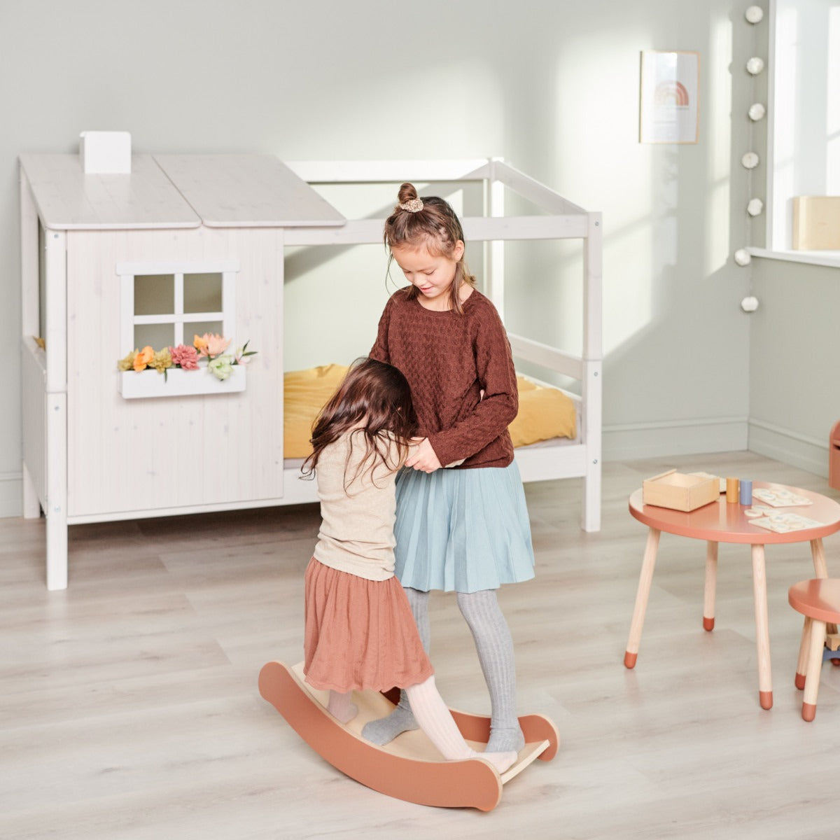 Kids fun with Flexa Balance Board and Odyssey Wagon Wheels, cute rocking horse scene
