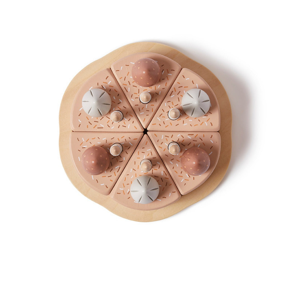 Wooden toy pizza with toppings from Flexa Birthday Cake, perfect for Toshi Baby Romper or Odyssey Wagon Wheels play