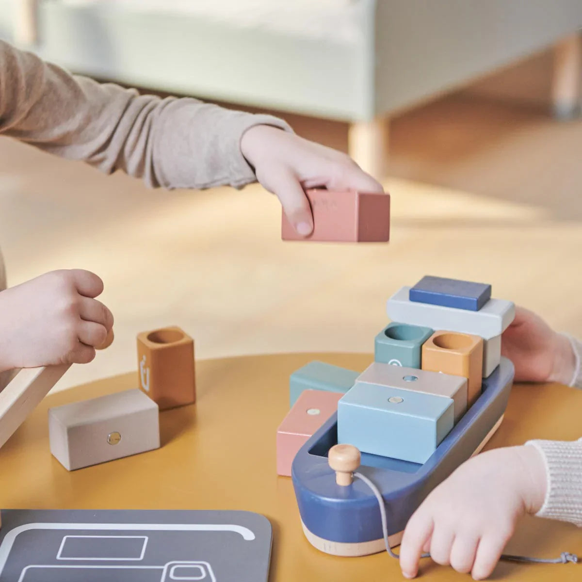 Wooden toy cargo ship with blocks from Flexa Container Ship, great for kids’ play