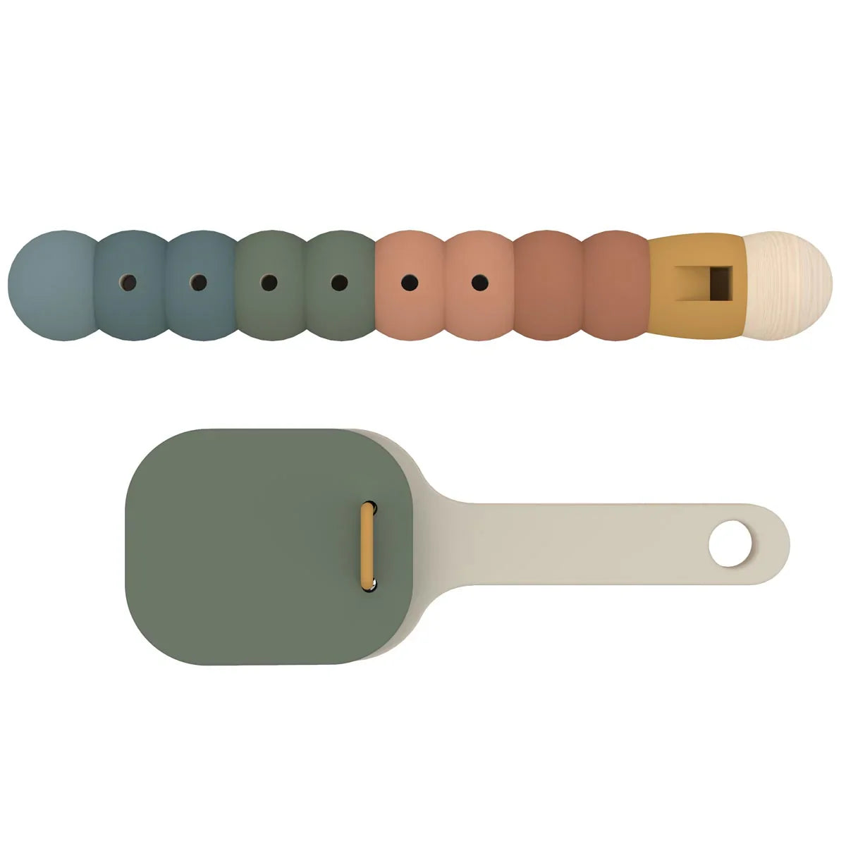 Colorful silicone flexa flute and clapper toy perfect for Toshi Baby Romper playtime