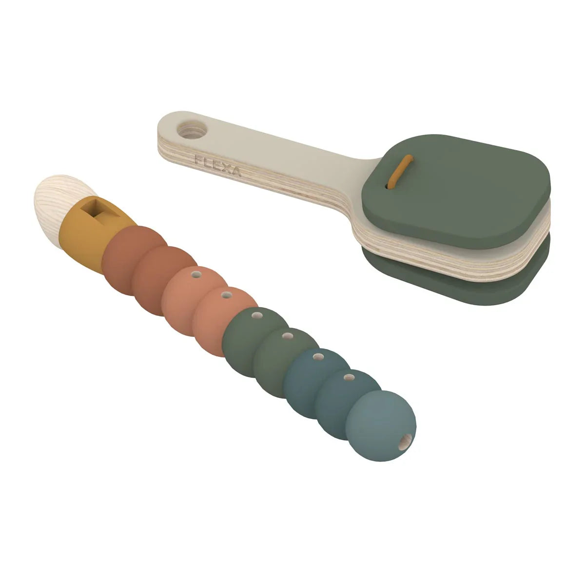Flexa Flute and Clapper wooden and silicone baby toys perfect for Toshi Baby Romper and Odyssey Wagon Wheels playtime