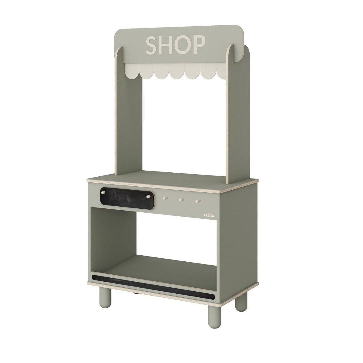 Gray wooden toy shop from Flexa Shop and Cafe with Toshi Baby Romper inside