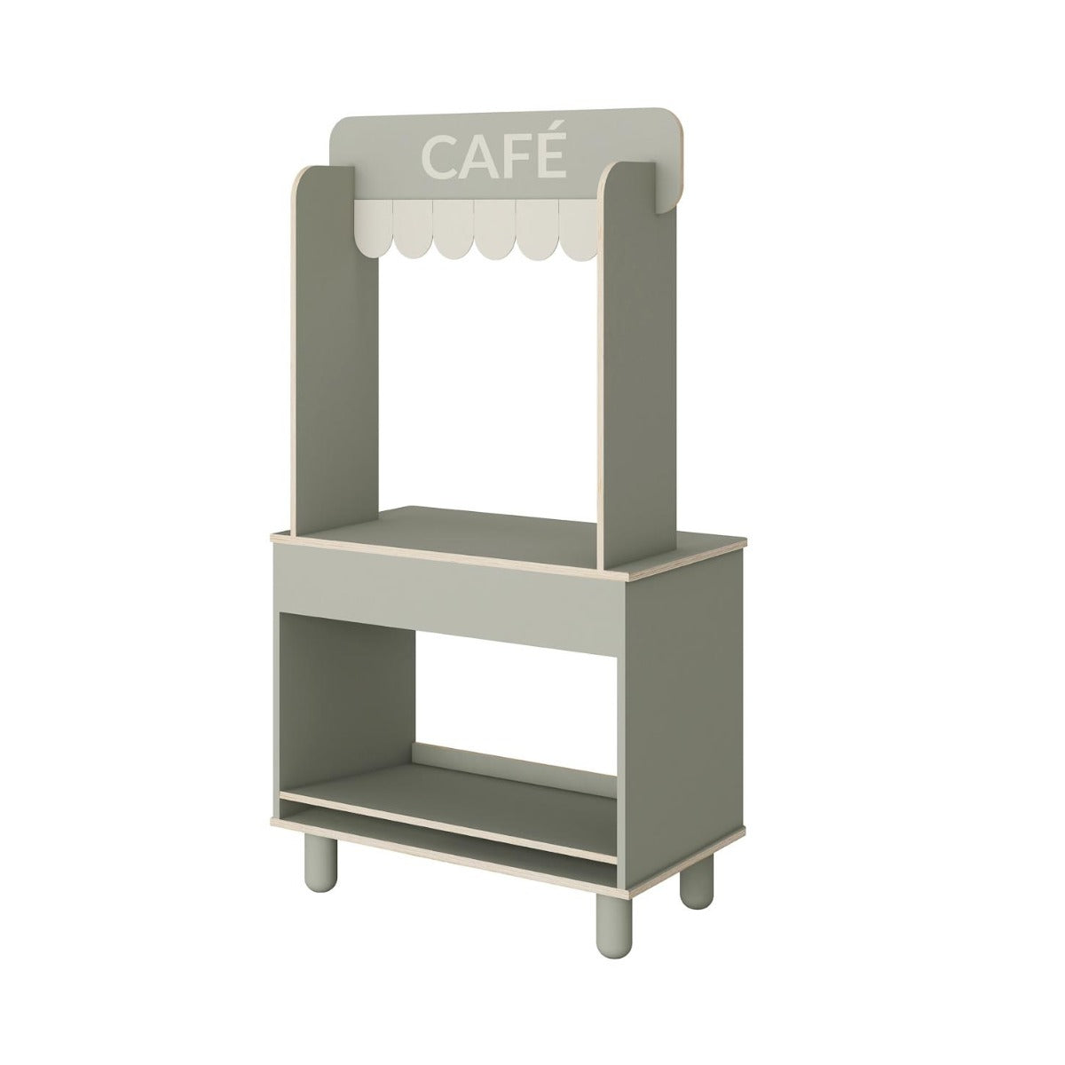 Gray wooden cafe stand at Flexa Shop and Cafe with toshi baby romper and Odyssey Wagon Wheels