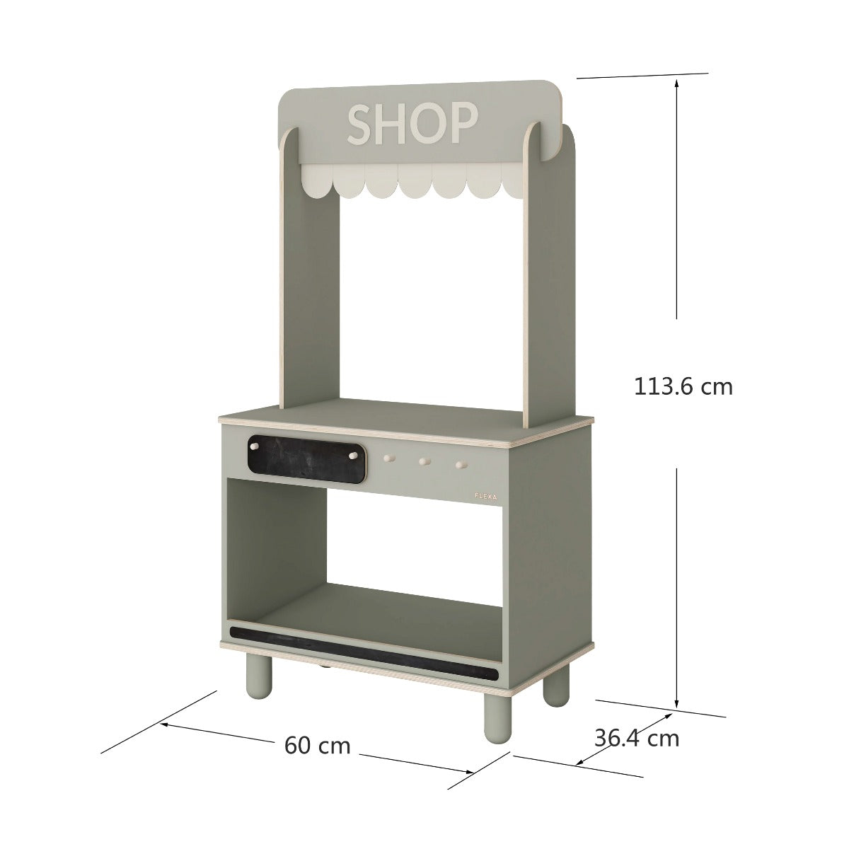 Gray wooden Play Shop with dimensions for Flexa Shop and Cafe toy set featuring Odyssey Wagon Wheels